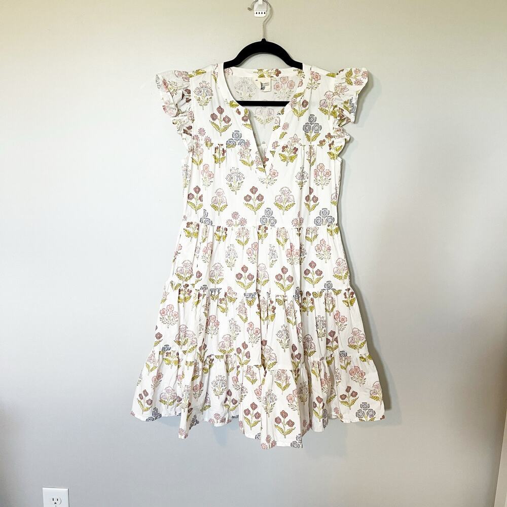 White Floral Mini Dress with Ruffle Sleeves